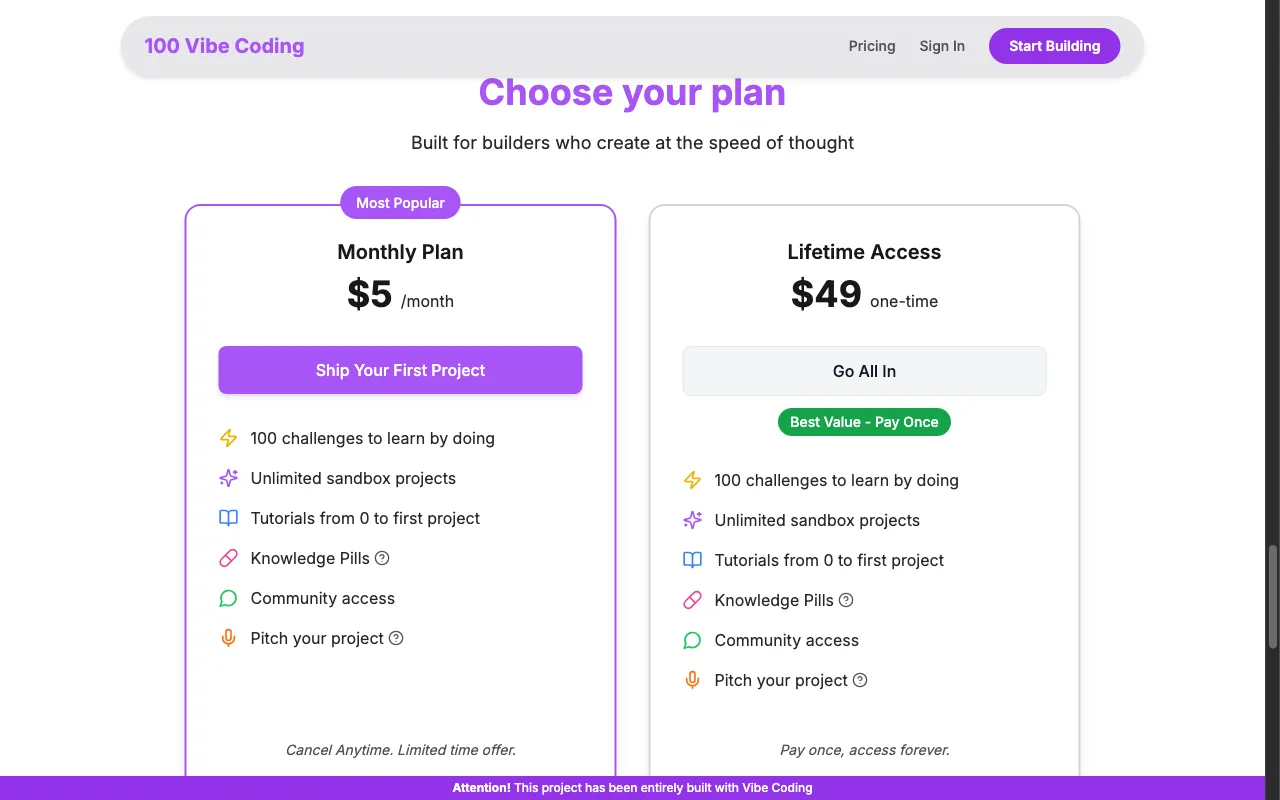 100 Vibe Coding — pricing page