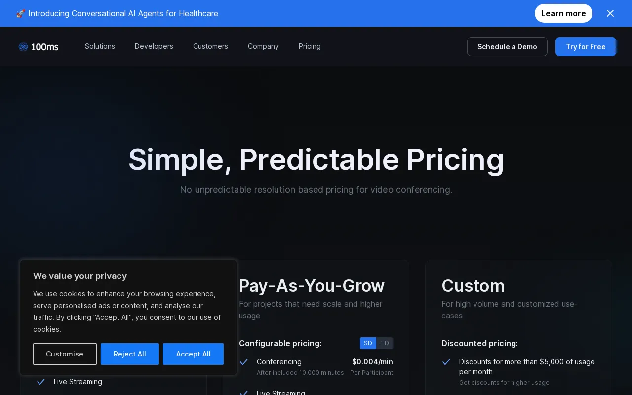 100ms.live — pricing page