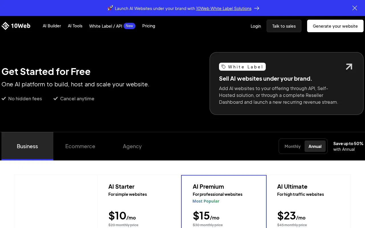 10Web.io — pricing page
