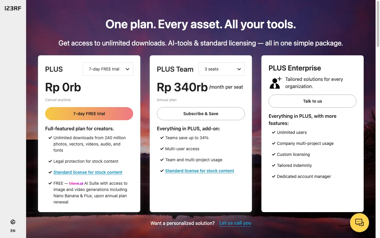 123RF AI Search Engine — pricing page