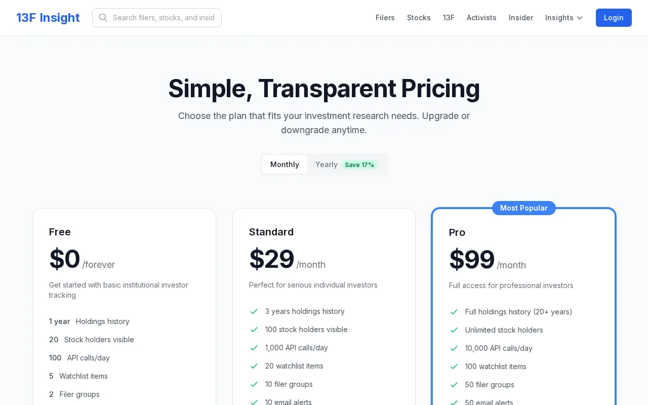 13F Insight — pricing page