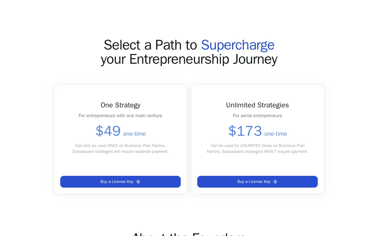 15-minute Business Plans — pricing page