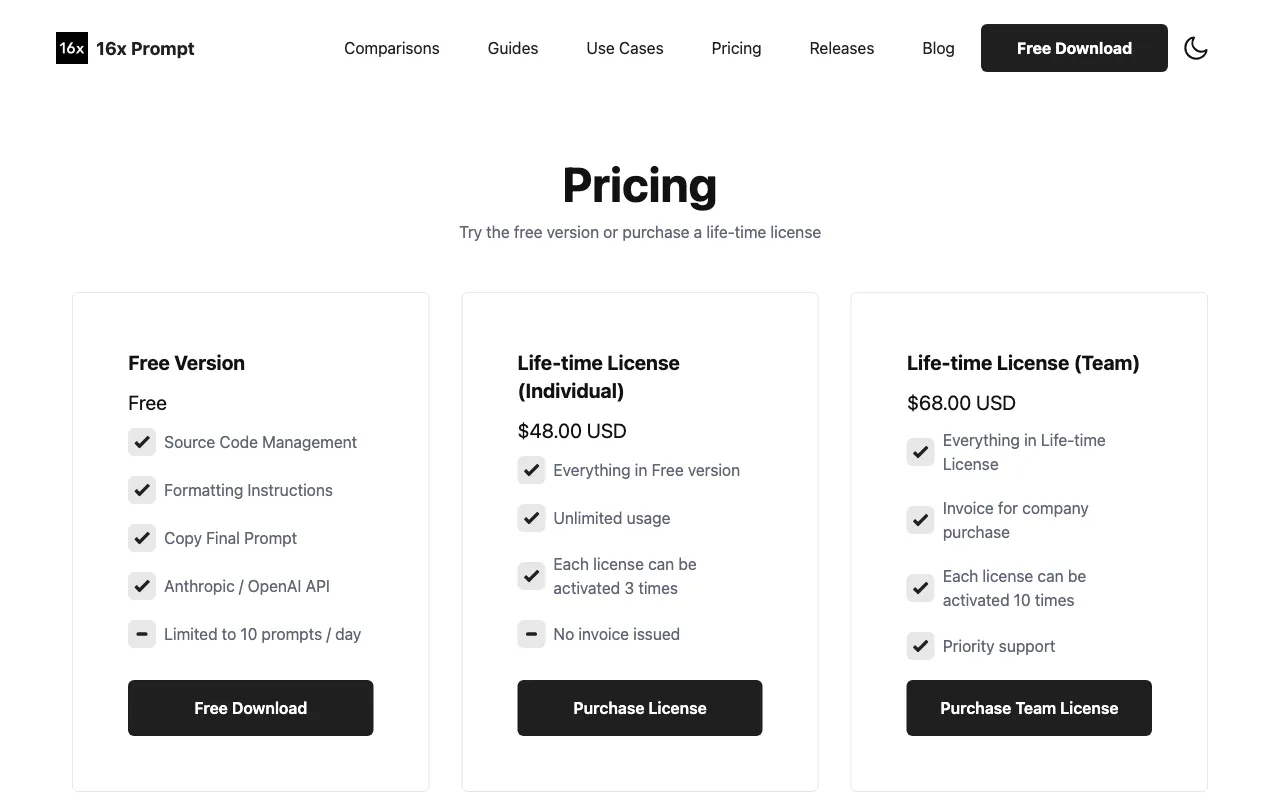 16x Prompt — pricing page