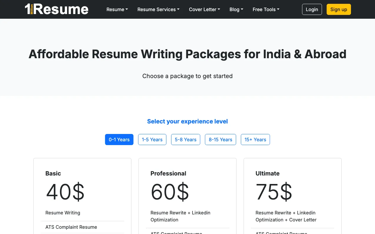 1MillionResume — pricing page