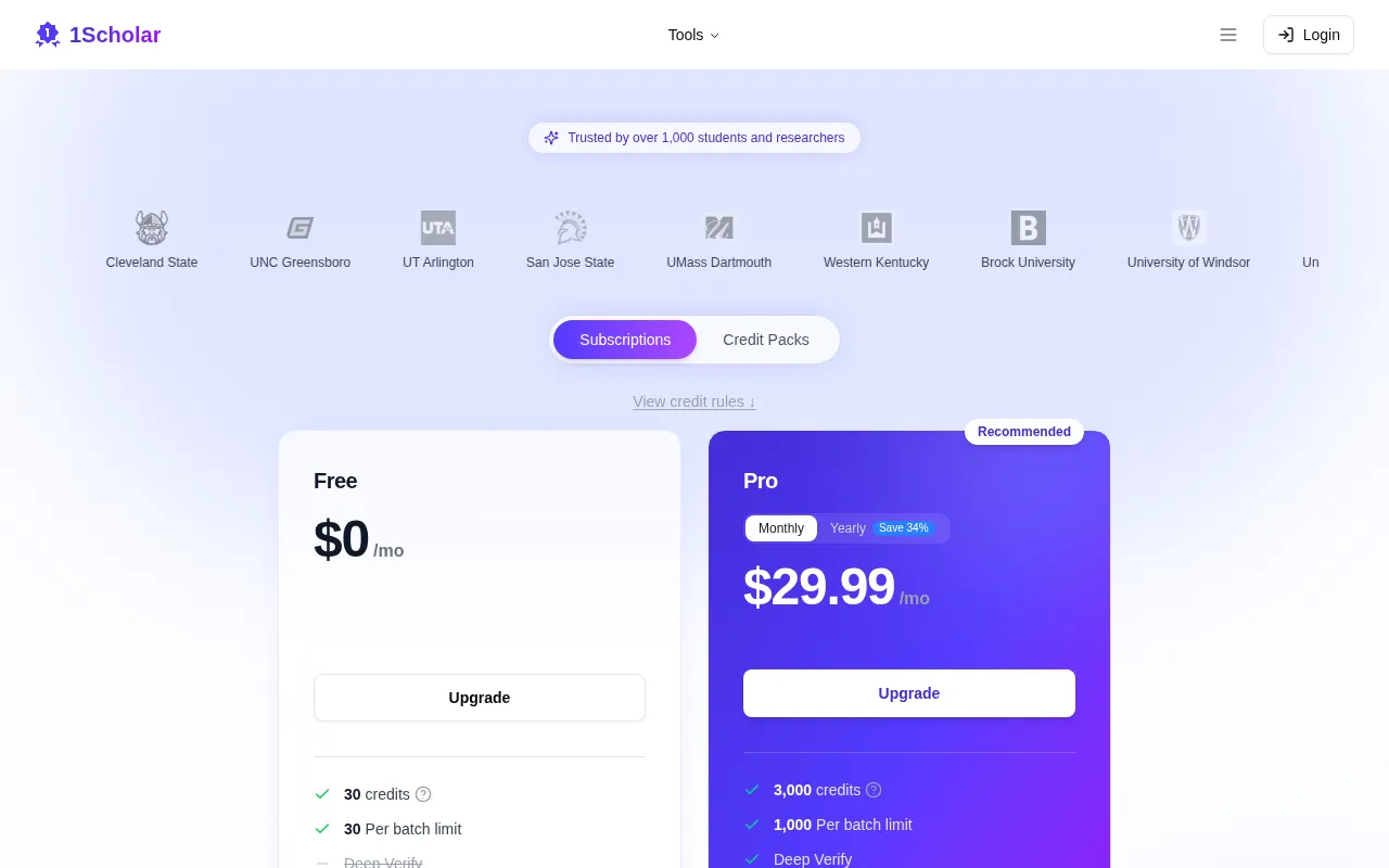 1Scholar — pricing page