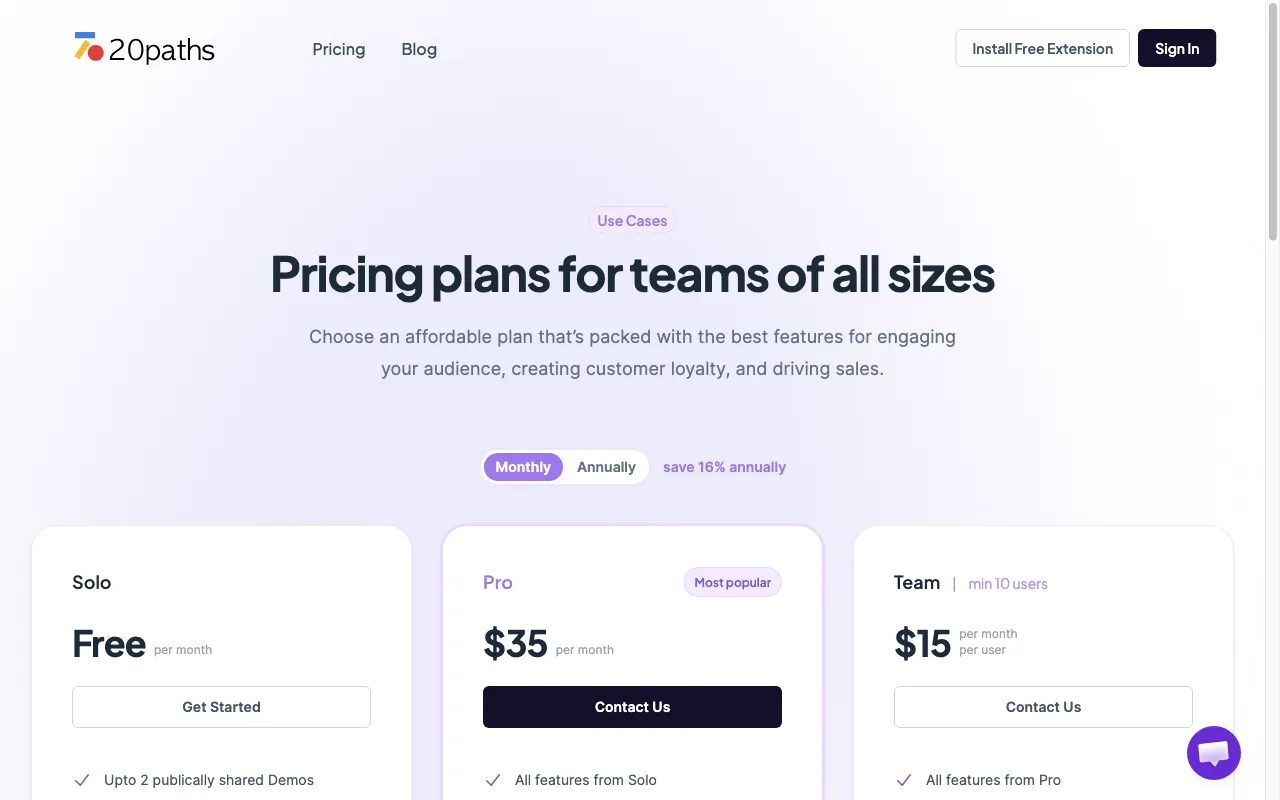 20paths — pricing page