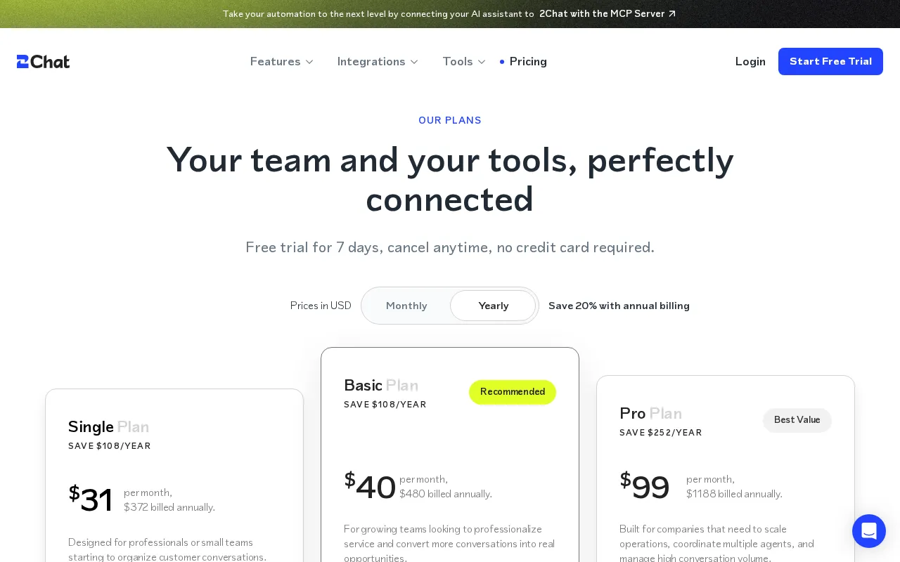 2Chat — pricing page
