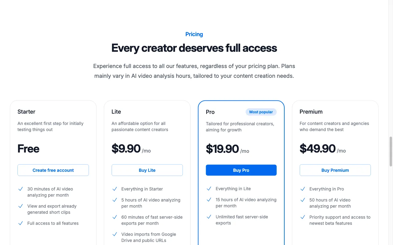 2short.ai — pricing page