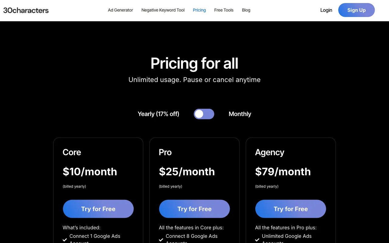 30characters — pricing page