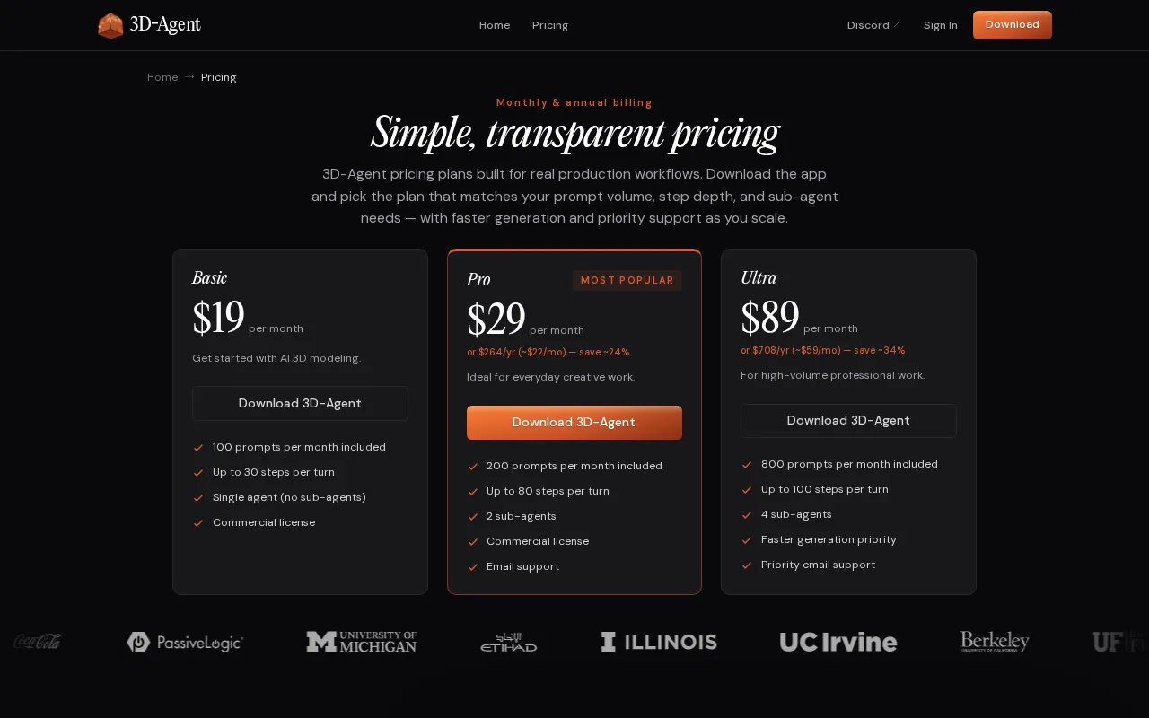 3D-Agent — pricing page