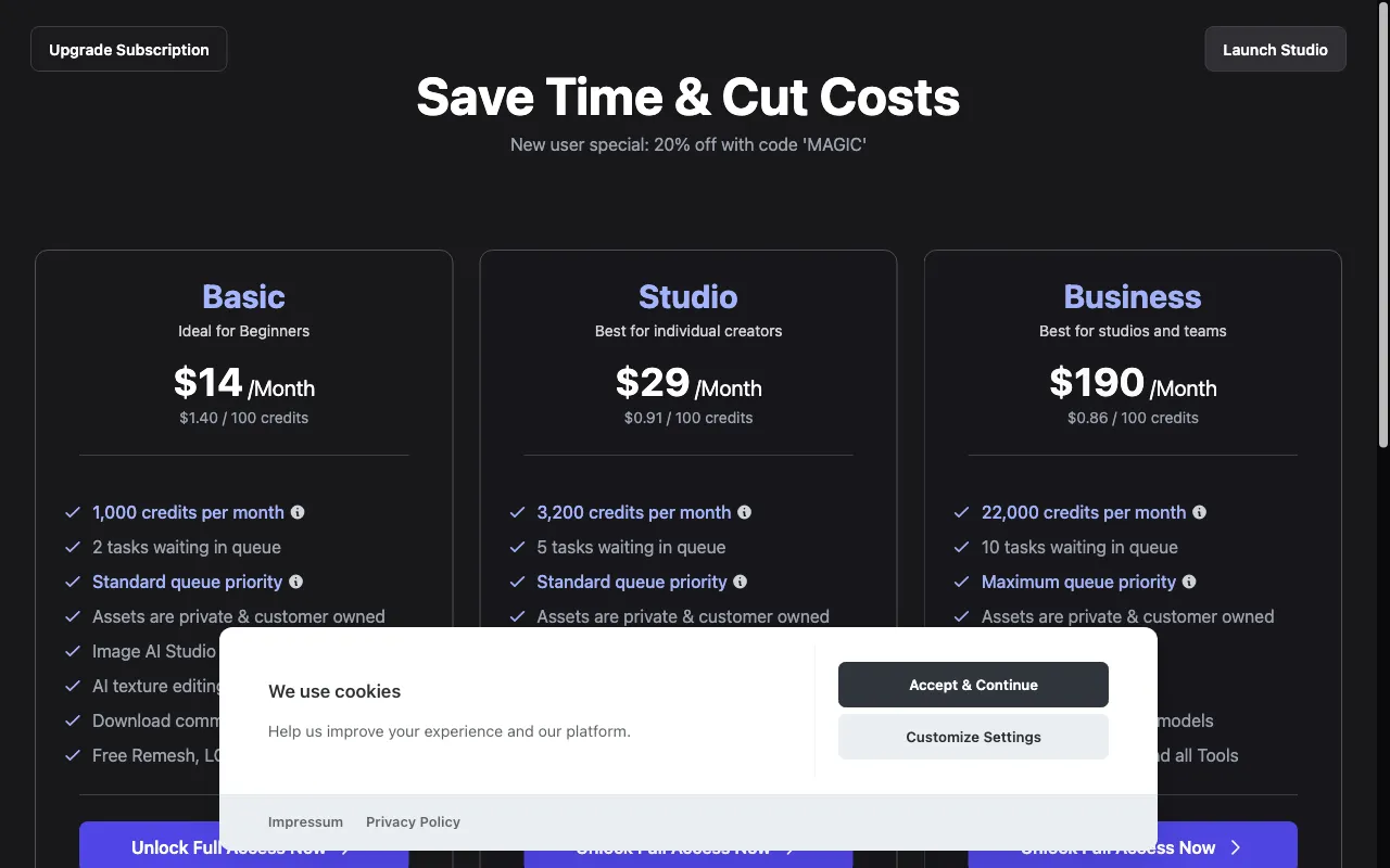 3D AI Studio — pricing page