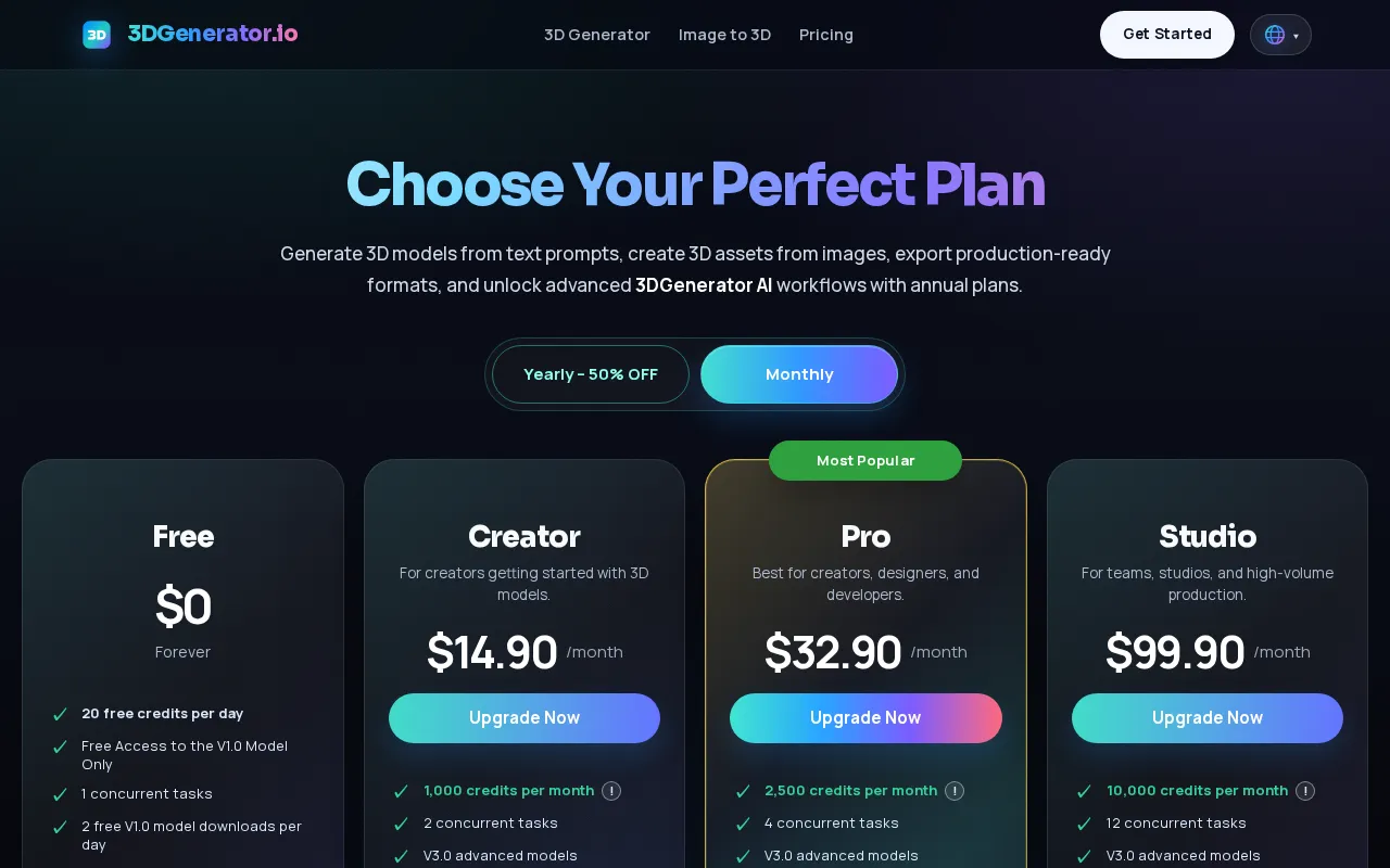3DGenerator.io — pricing page