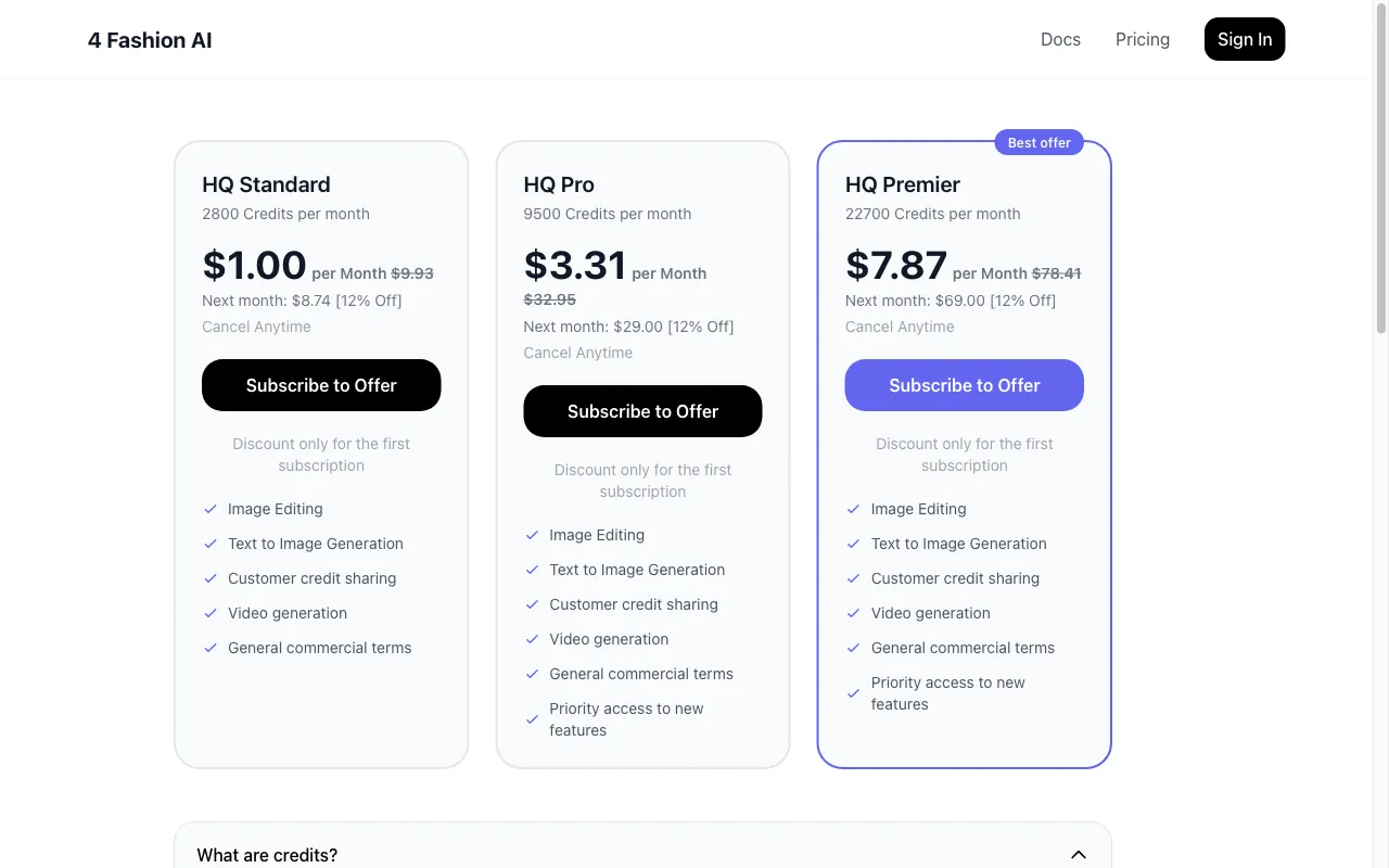 4 Fashion AI — pricing page