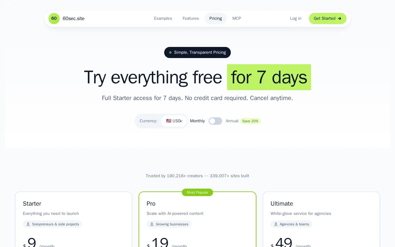 60sec.site — pricing page