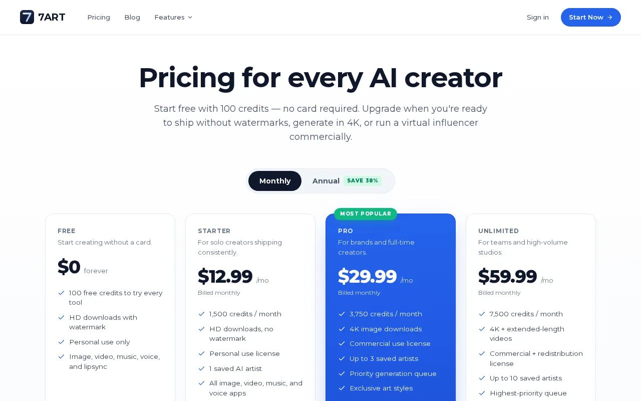 7ART — pricing page