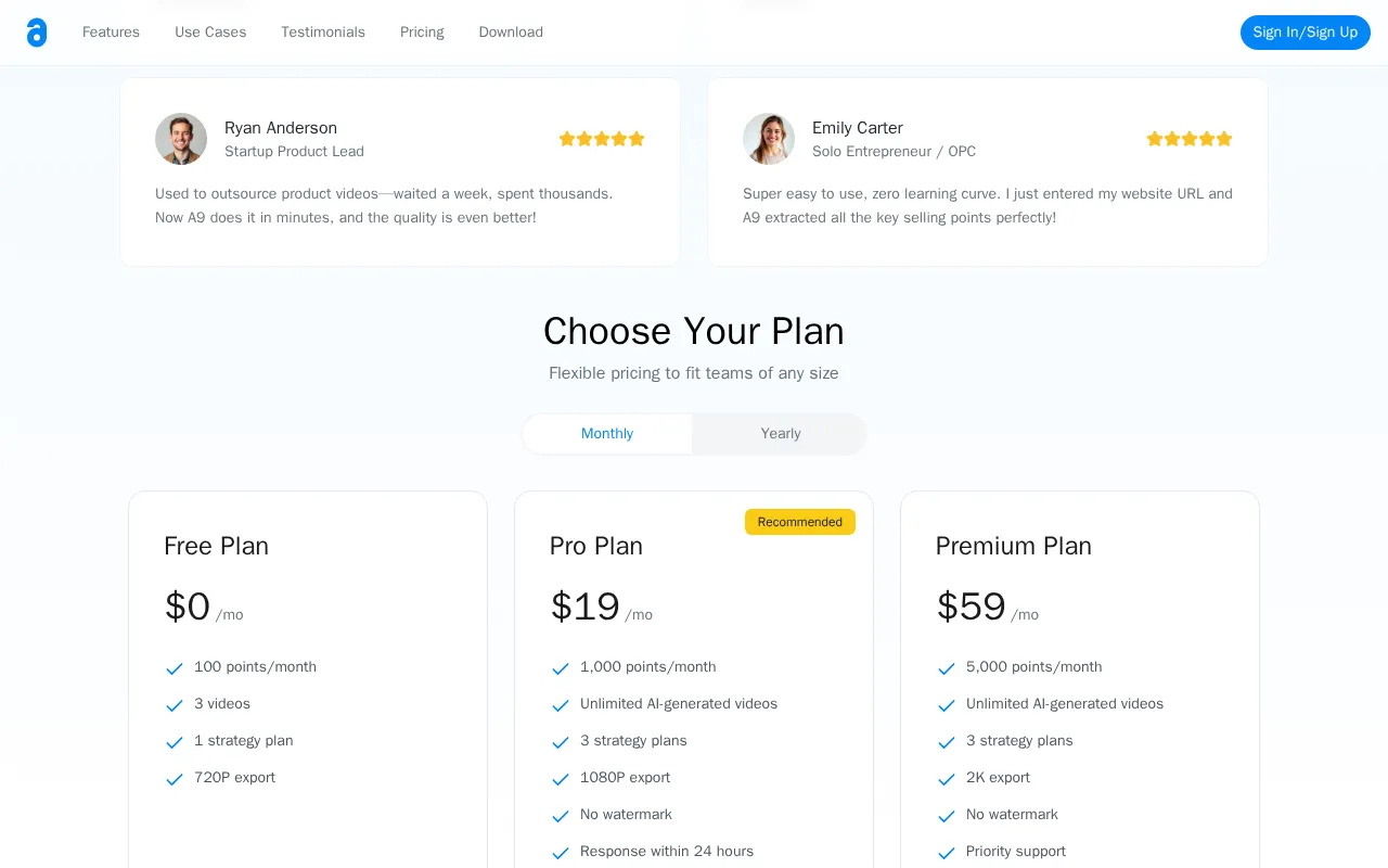 A9 AI — pricing page