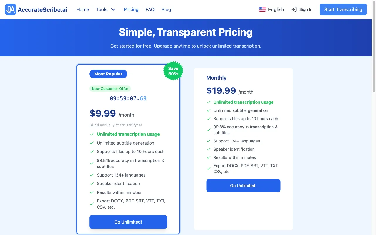 AccurateScribe.ai — pricing page