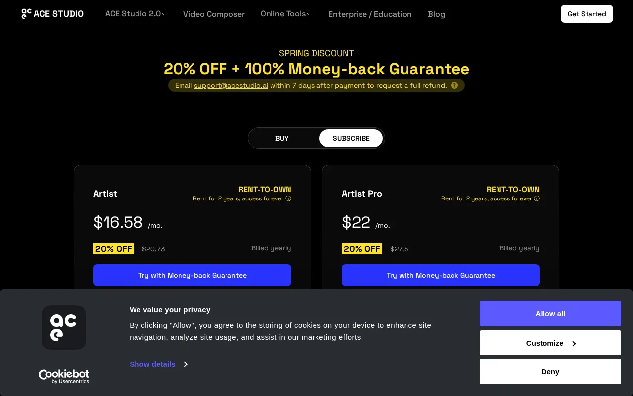 ACE Studio — pricing page
