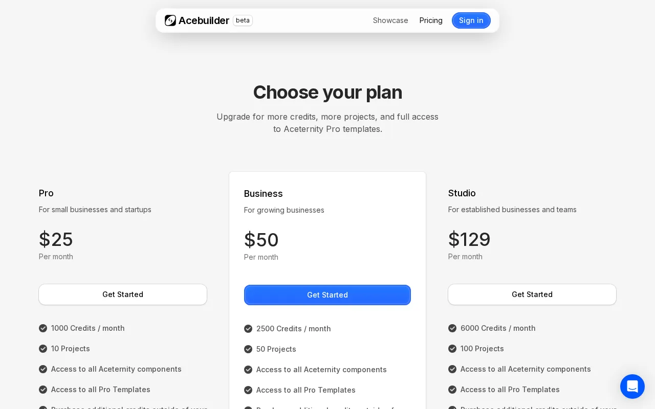 Acebuilder — pricing page