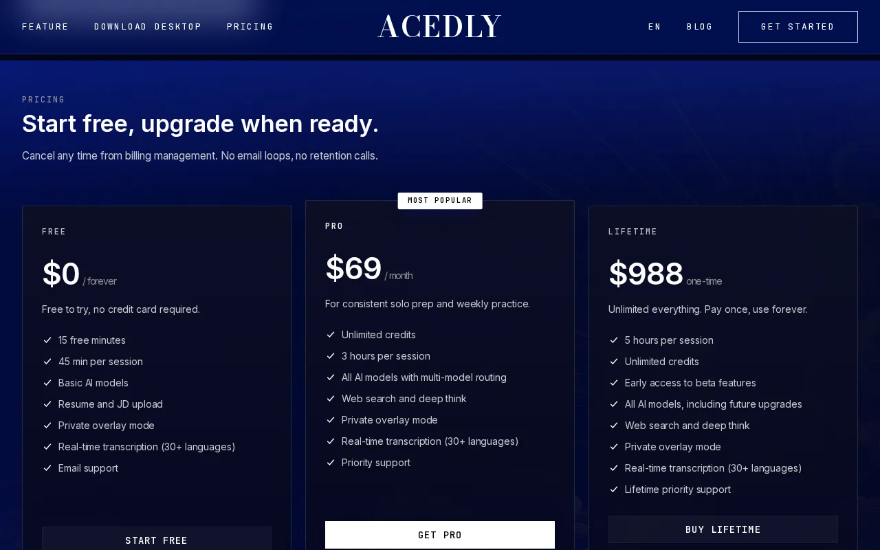Acedly AI — pricing page