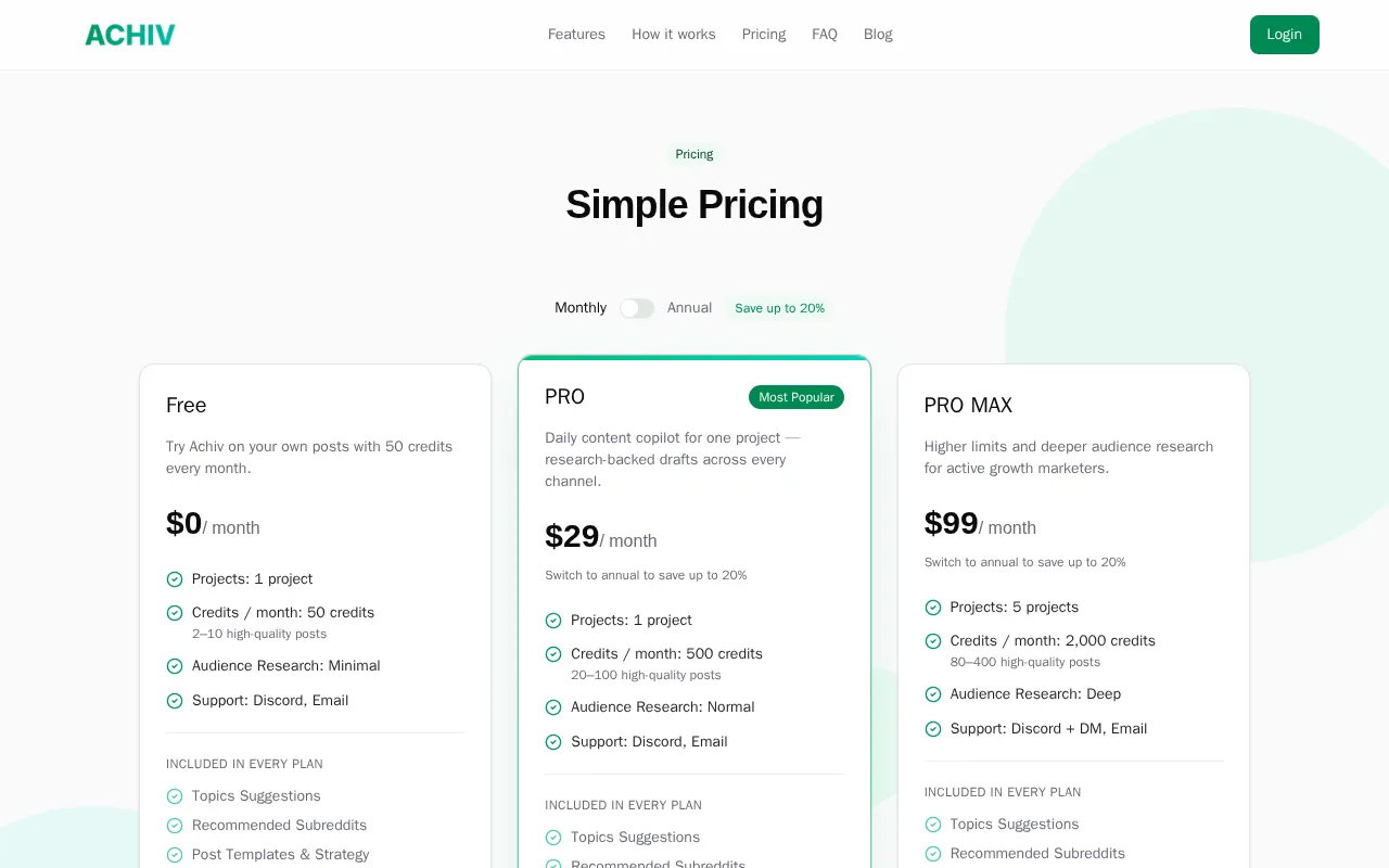 Achiv — pricing page