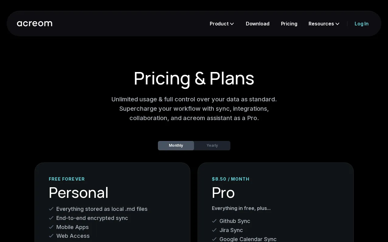 acreom — pricing page