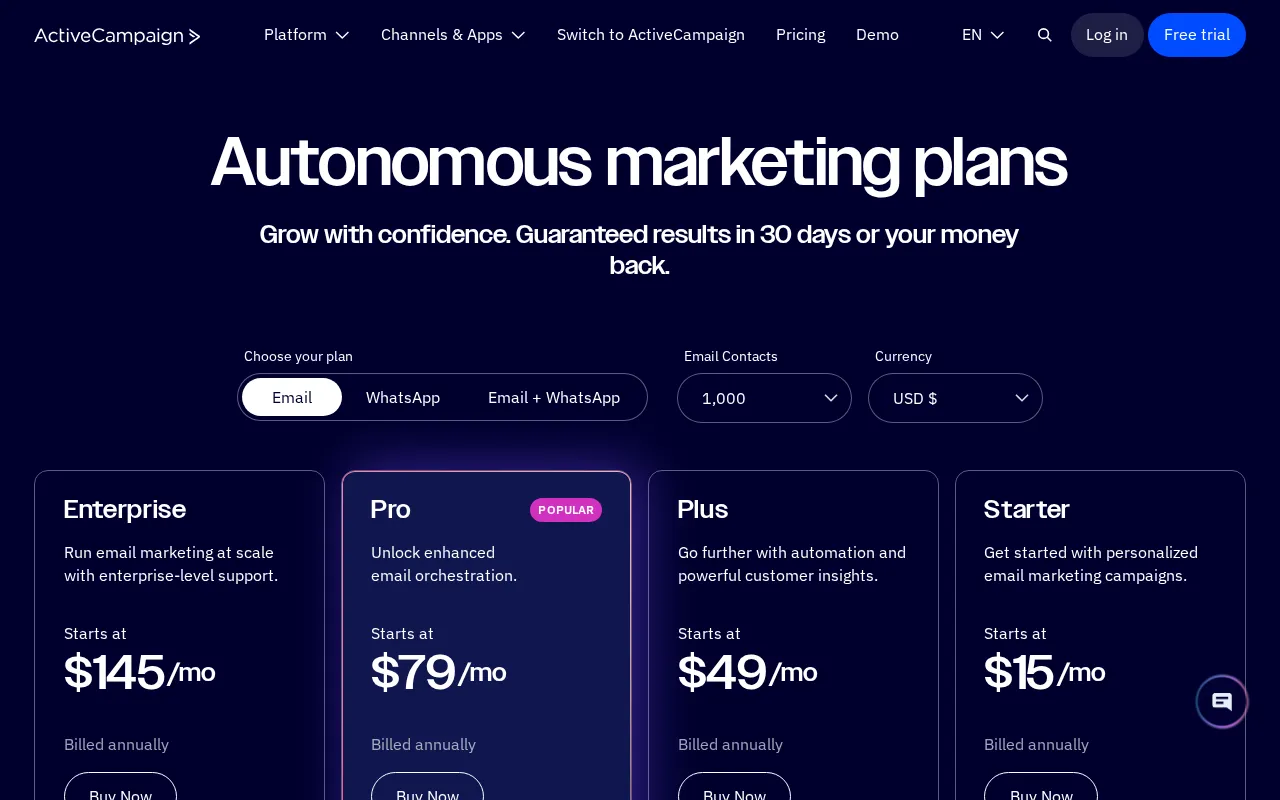 ActiveCampaign AI — pricing page