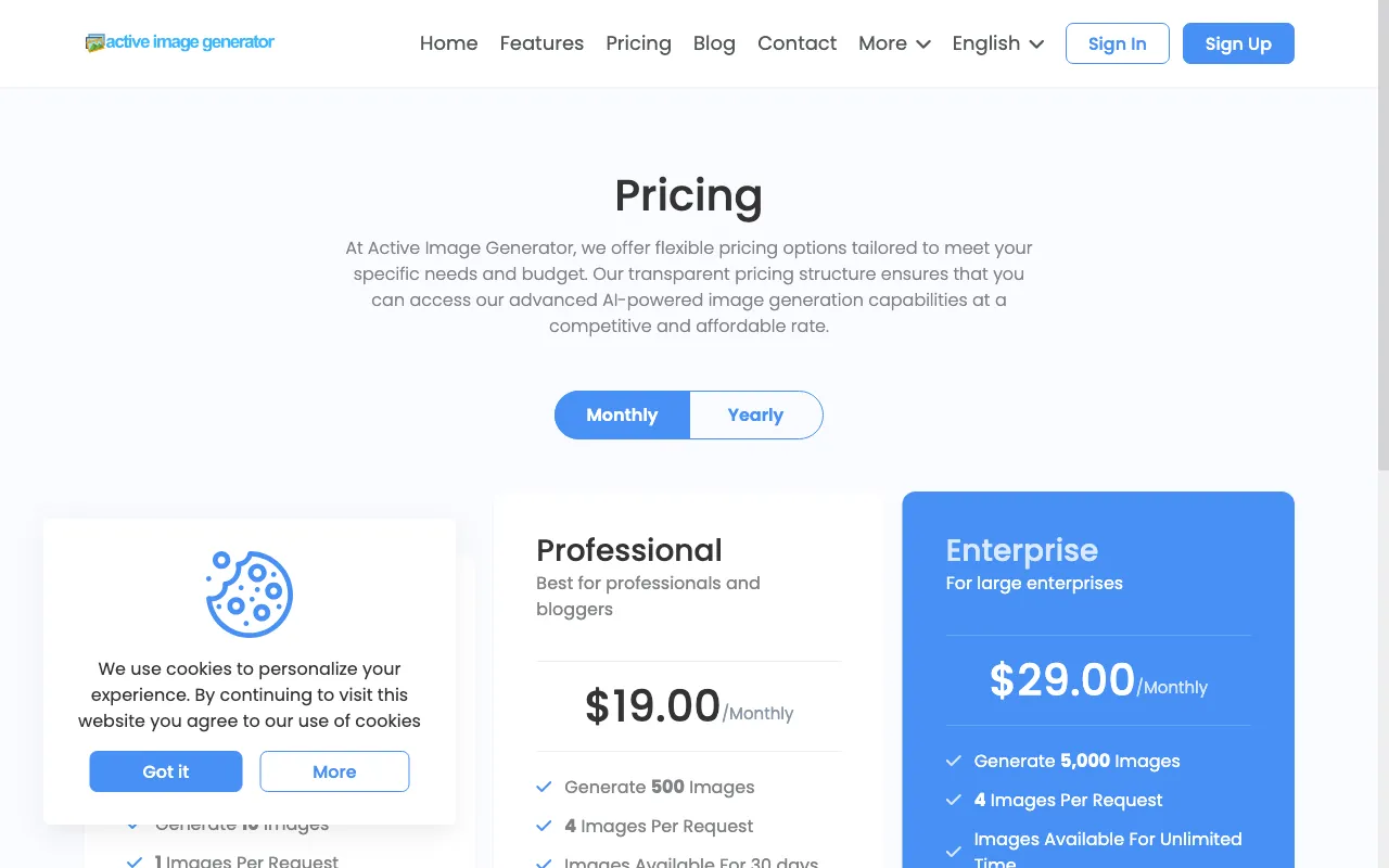 Active Image Generator — pricing page