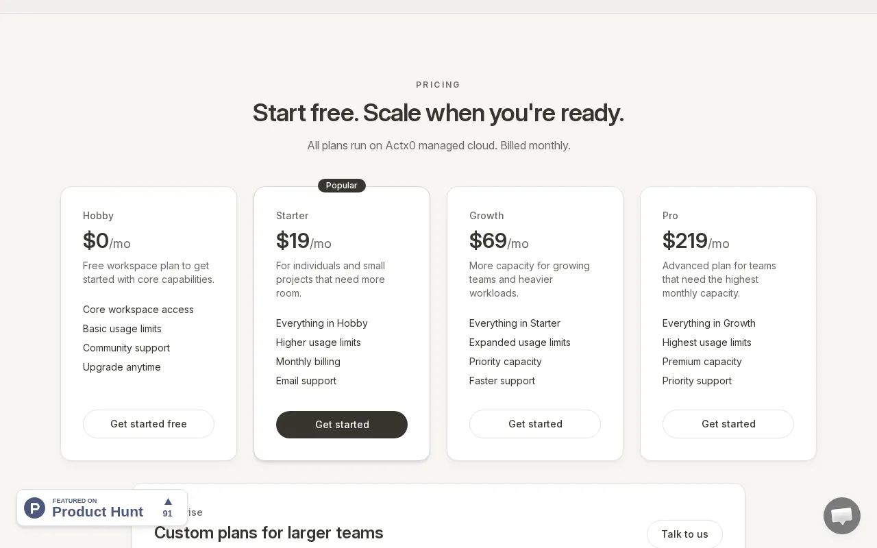 Actx0 — pricing page