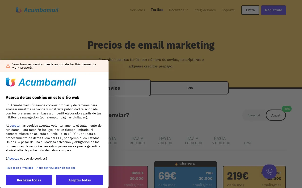 Acumbamail — pricing page