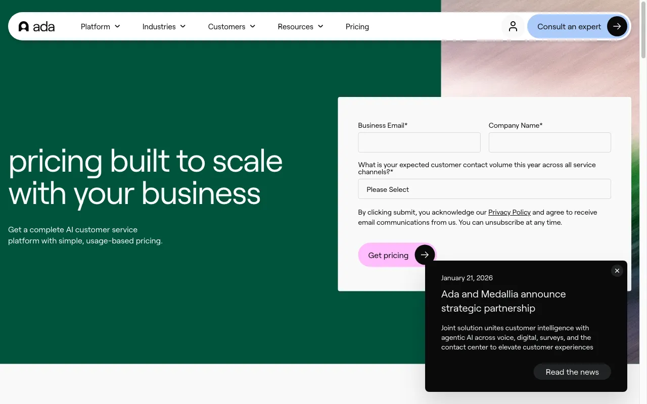 Ada — pricing page