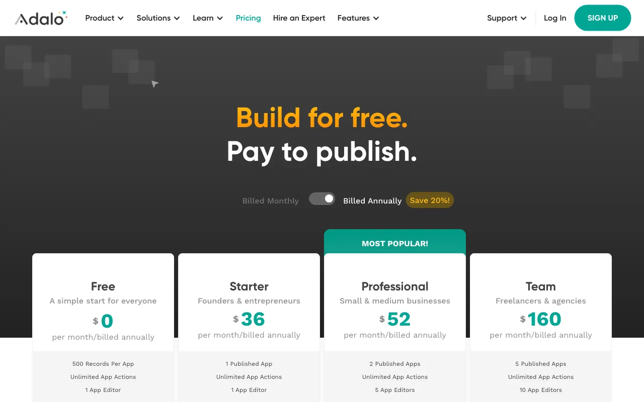 Adalo — pricing page