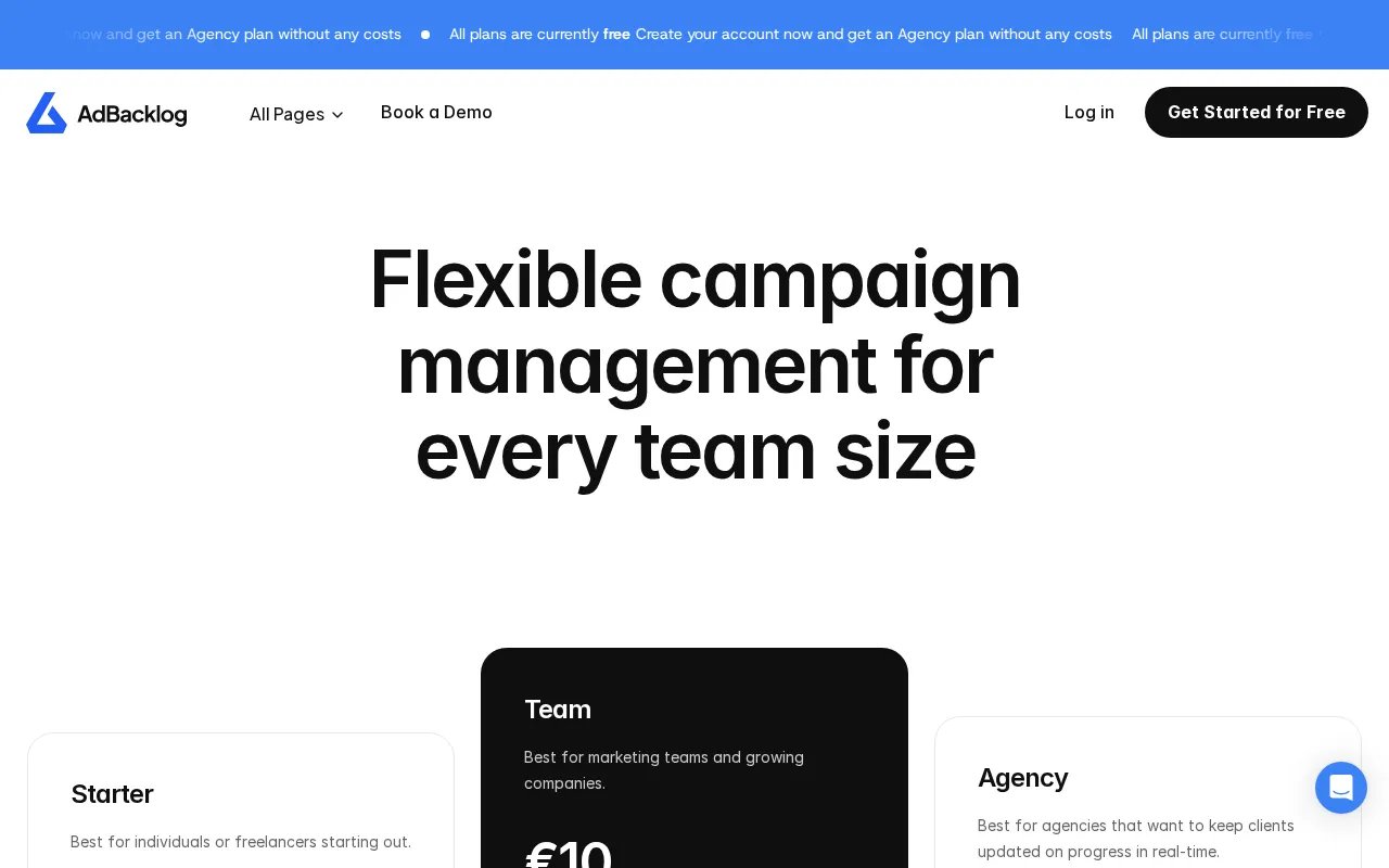AdBacklog — pricing page