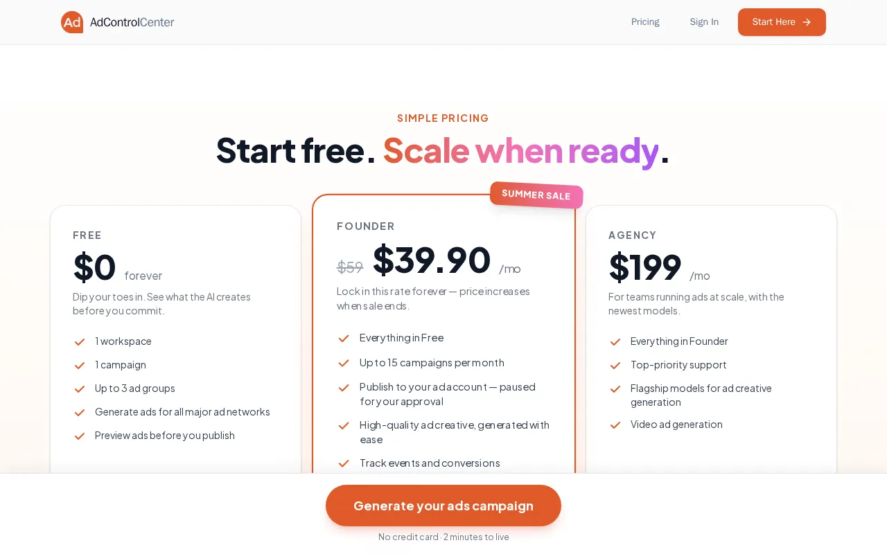 AdControlCenter — pricing page