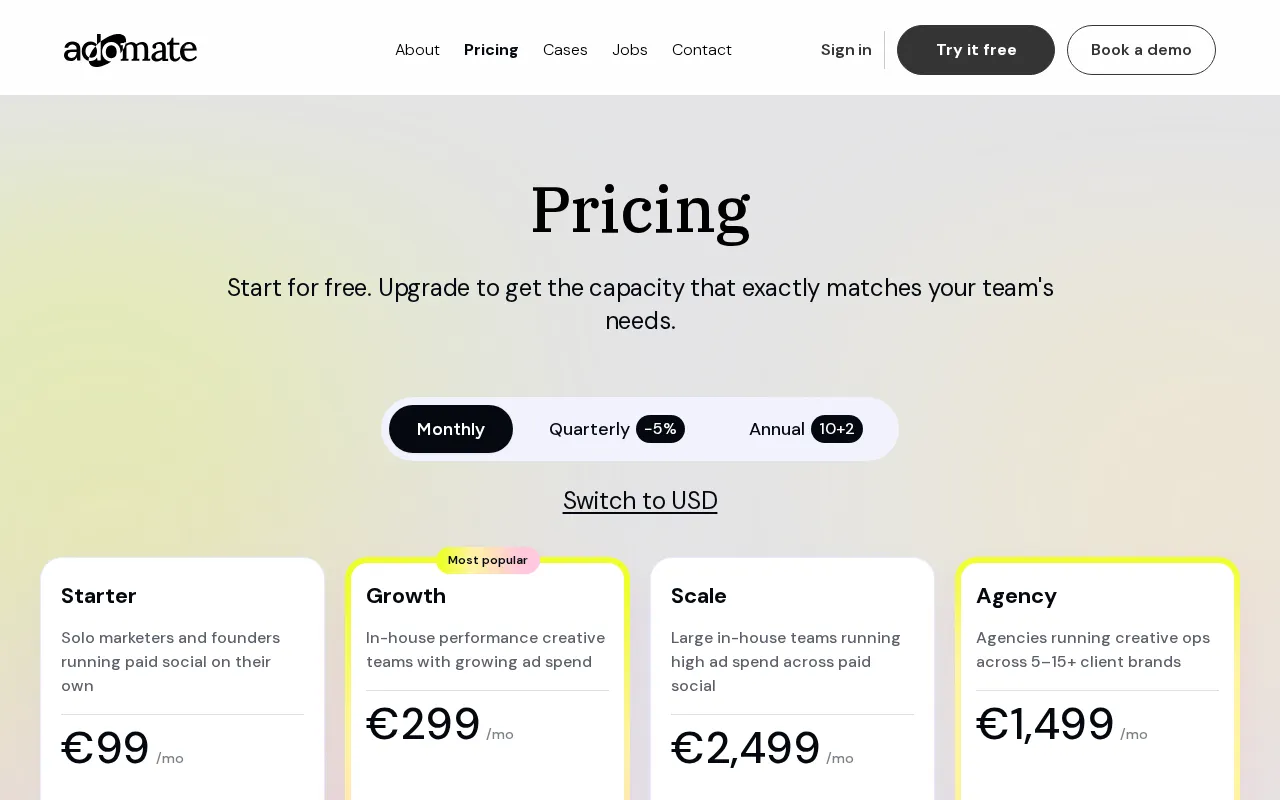 Adomate — pricing page