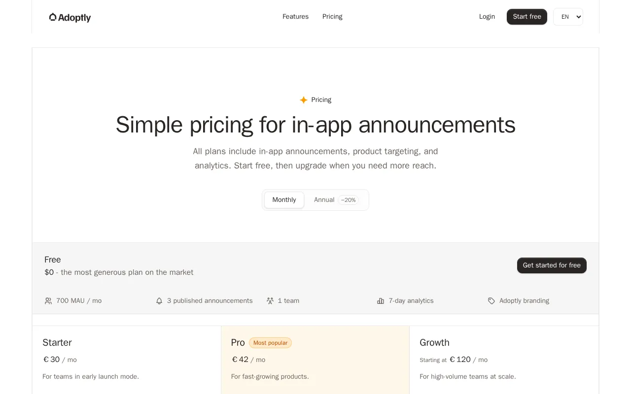 Adoptly — pricing page
