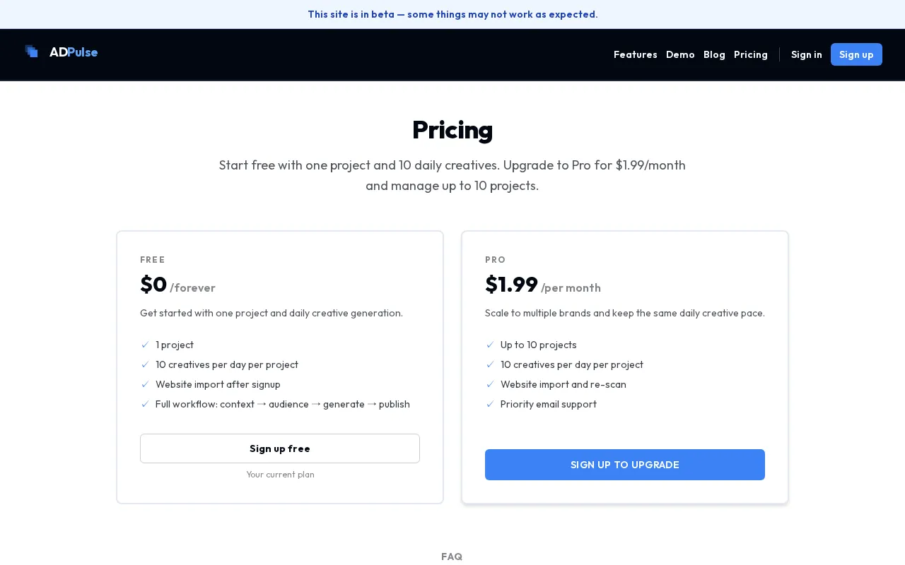 AdPulse Studio — pricing page