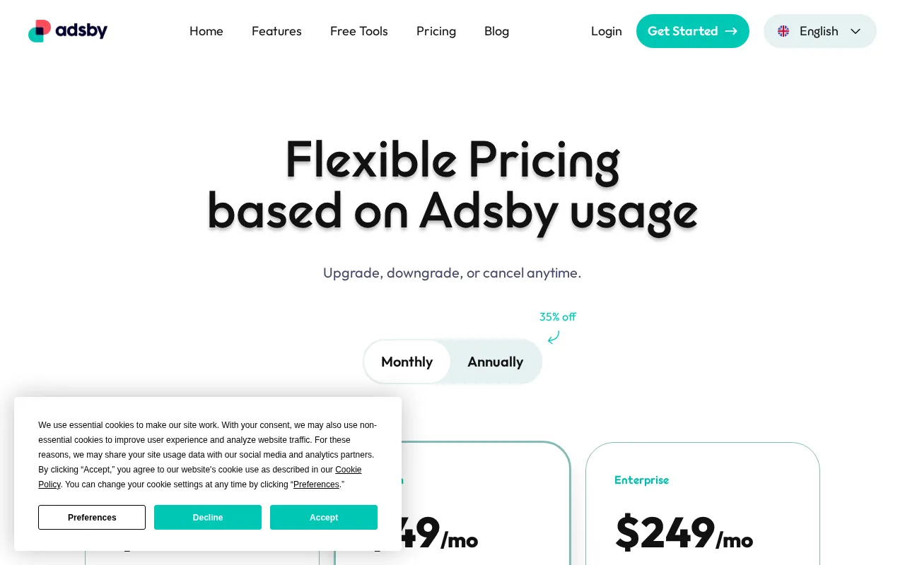 Adsby — pricing page