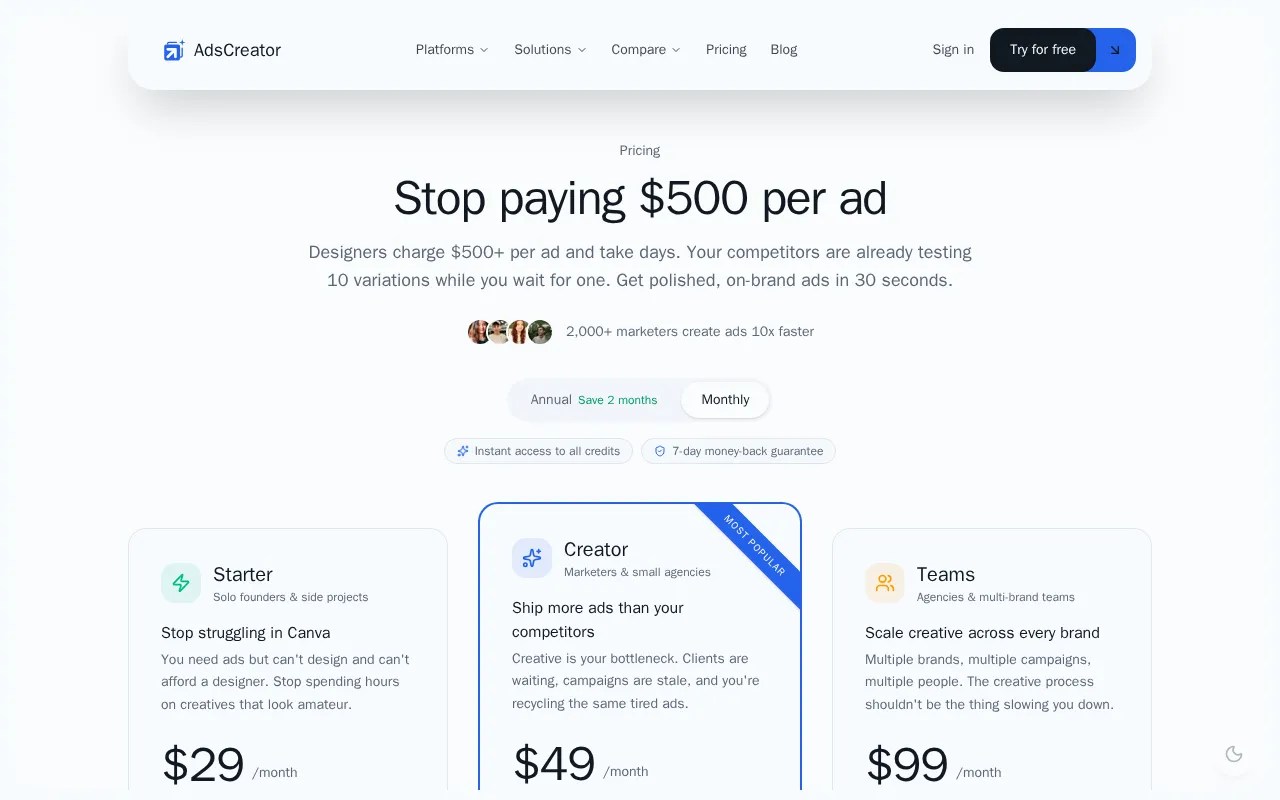 AdsCreator.com — pricing page