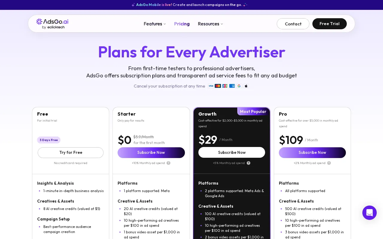 AdsGo AI — pricing page