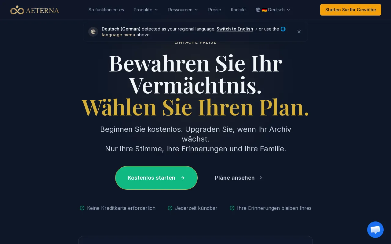 Aeterna — pricing page