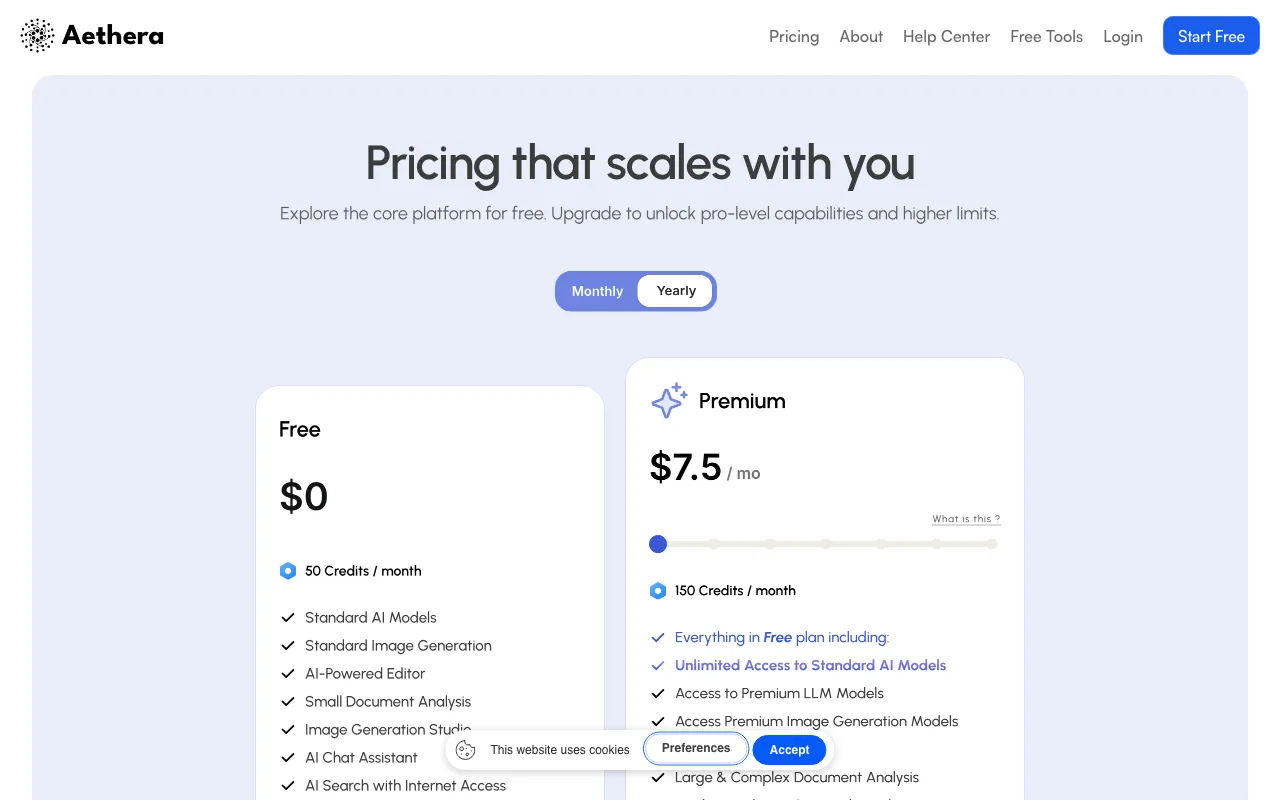 Aethera AI — pricing page