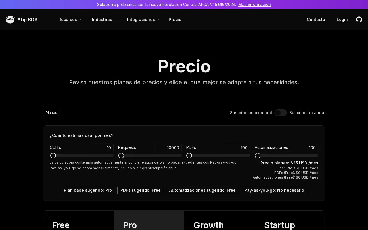 Afip SDK — pricing page