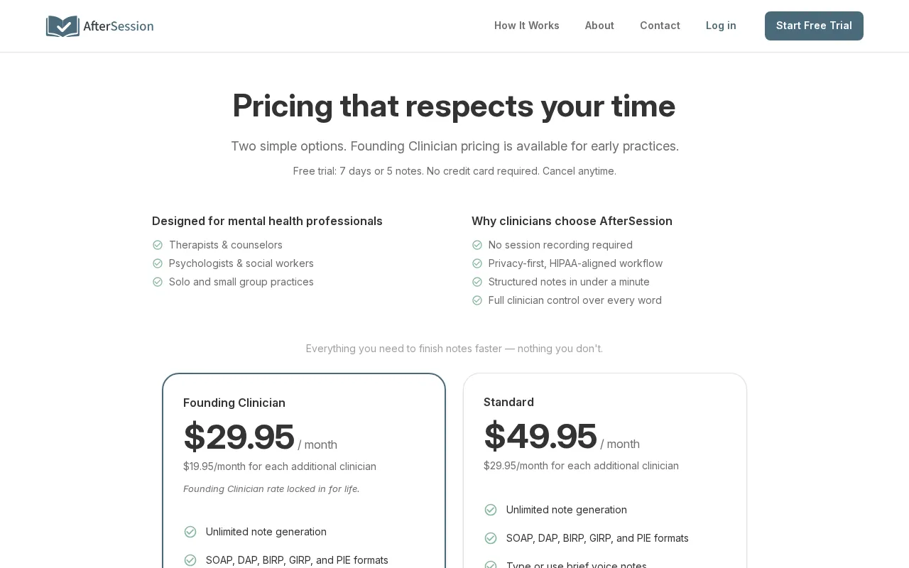 AfterSession — pricing page