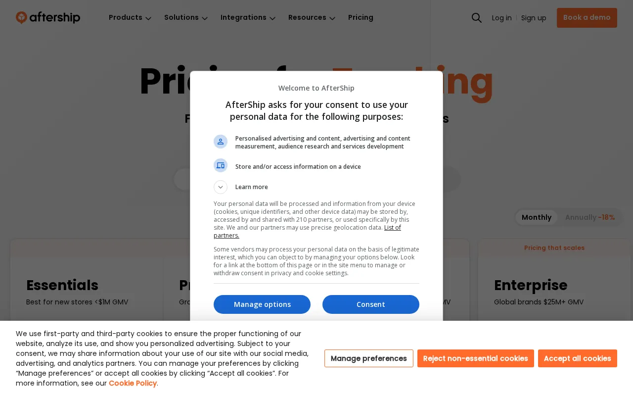 AfterShip — pricing page
