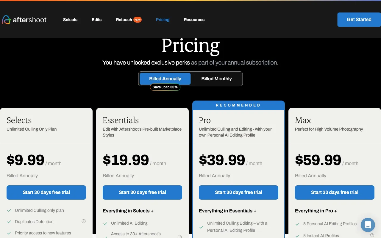Aftershoot — pricing page