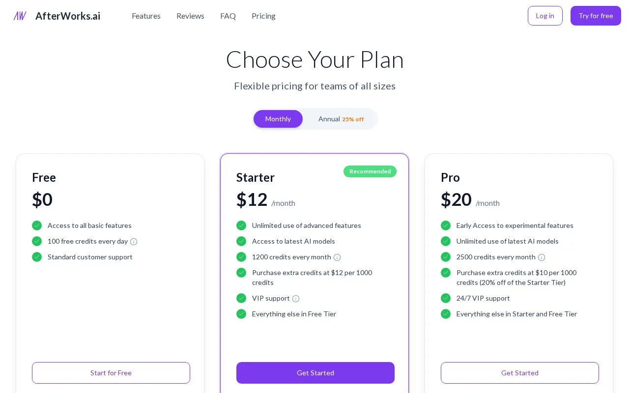 Afterworks — pricing page