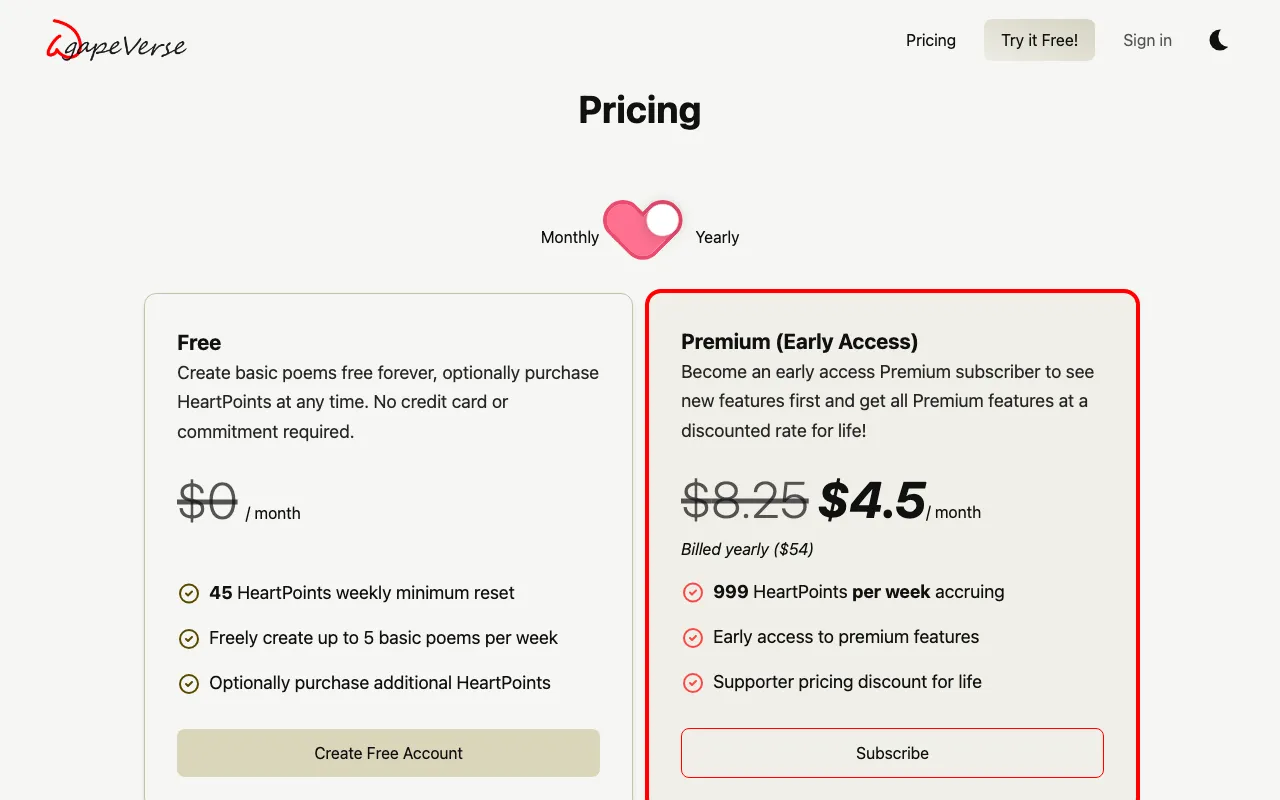 AgapeVerse.app — pricing page