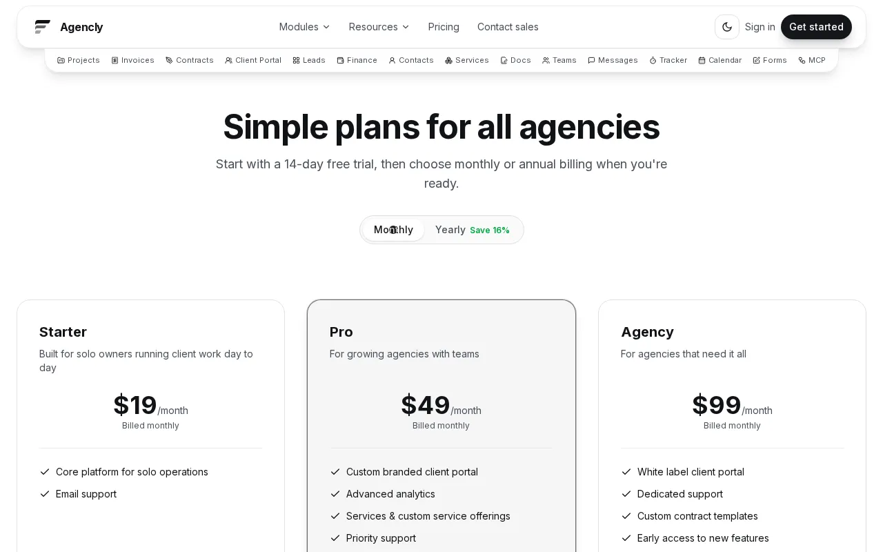 Agencly — pricing page