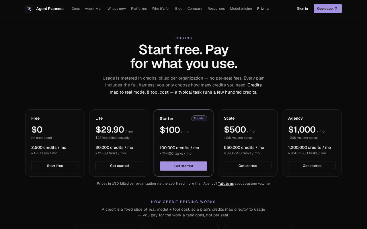 Agent Planners — pricing page